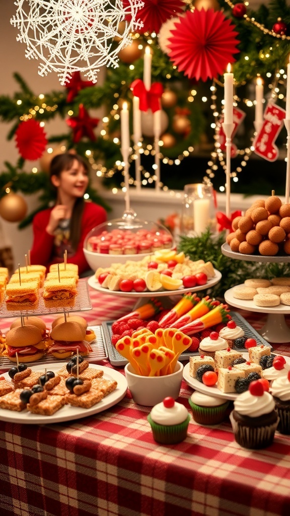 A vibrant Christmas party table with mini sliders, fruit skewers, and decorated cupcakes.